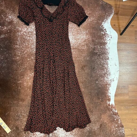 Reformation Evra Lace Trim Floral Crepe Maxi Dress Black Red Print 8 (Fits Small - Picture 11 of 13